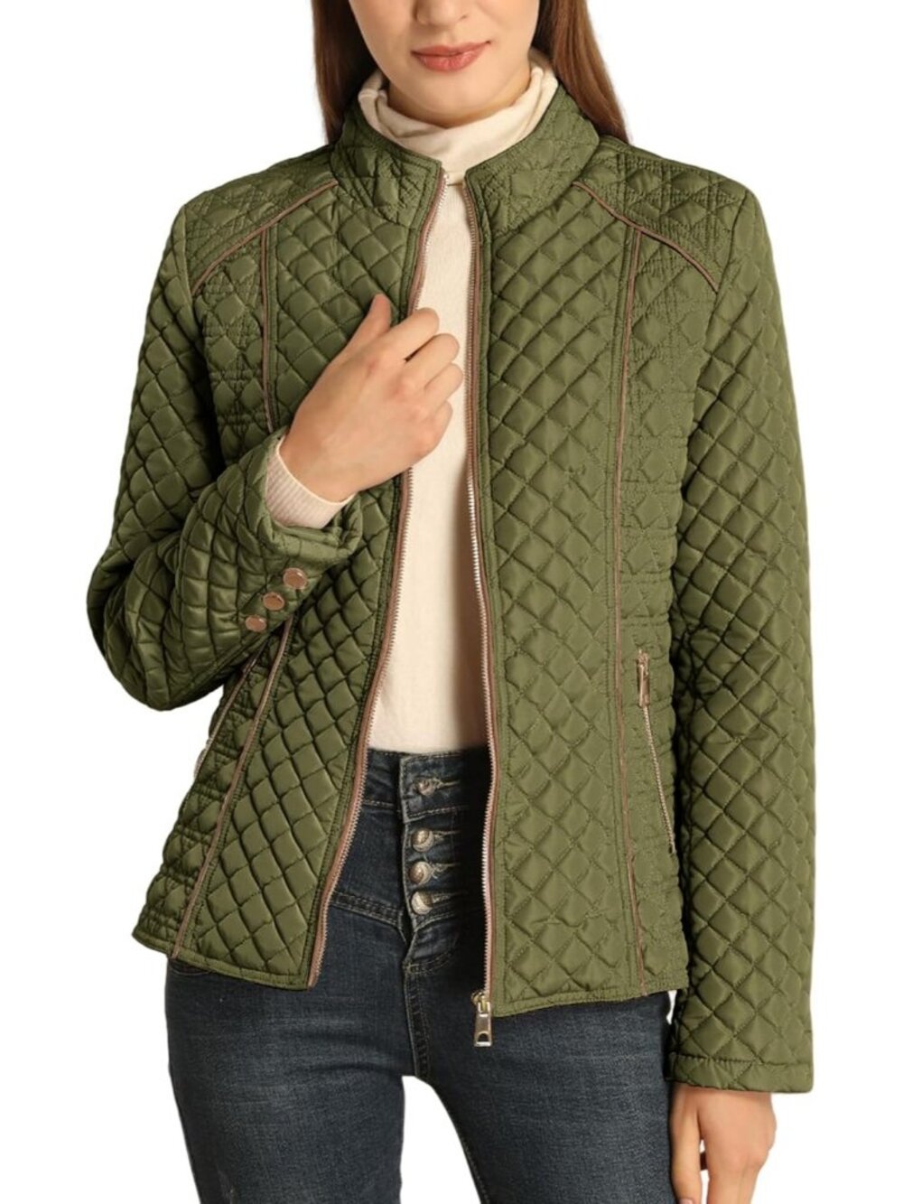 Women's Green Fleece-Lined Front Zipper Diamond Quilted Puffer Winter Jacket